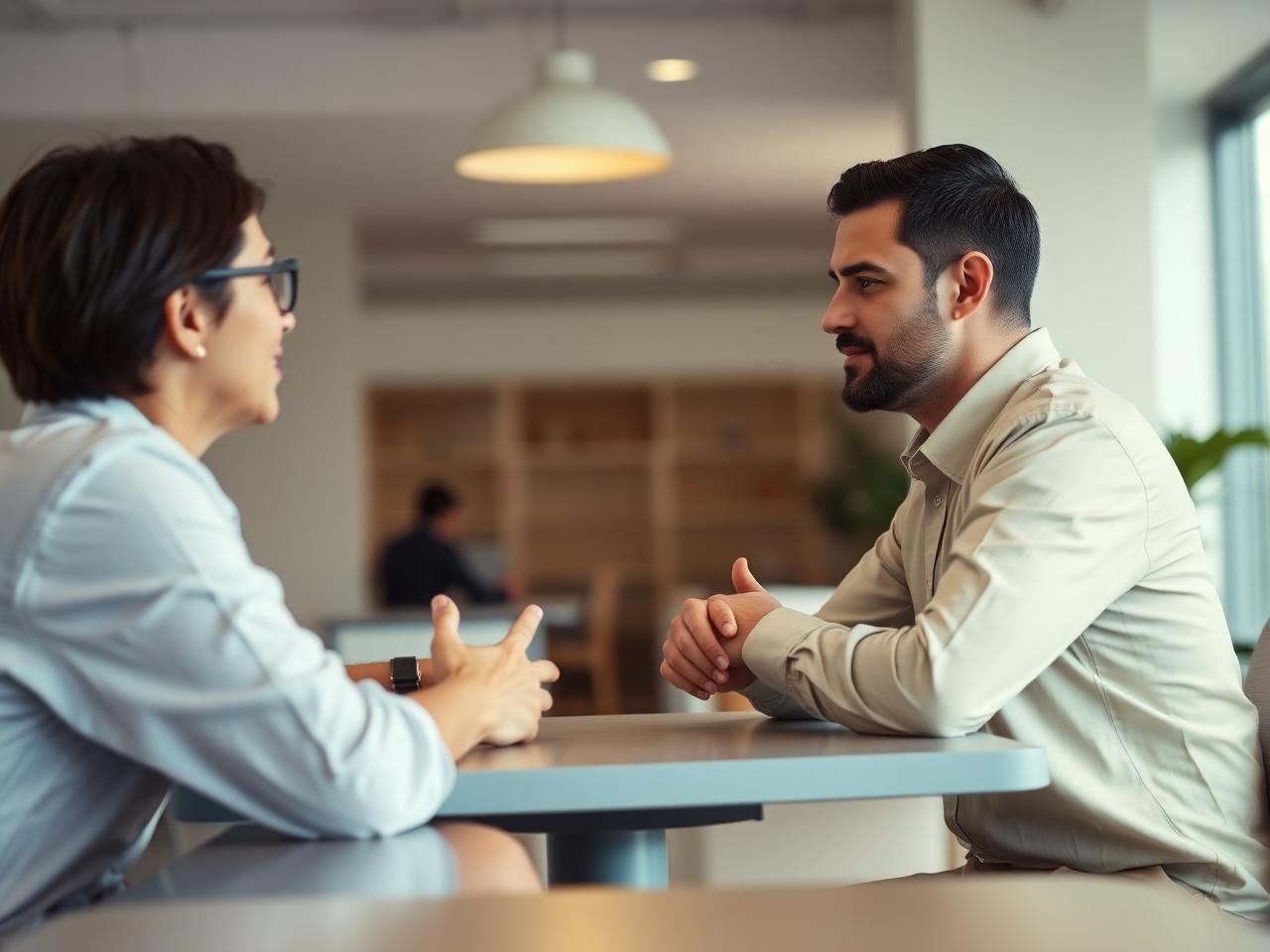 Two colleagues sitting outside a workplace having a calm, supportive conversation