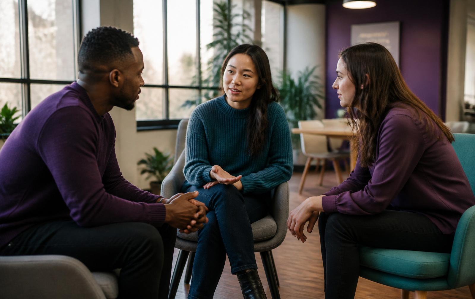 Three colleagues having a supportive conversation in a modern workplace