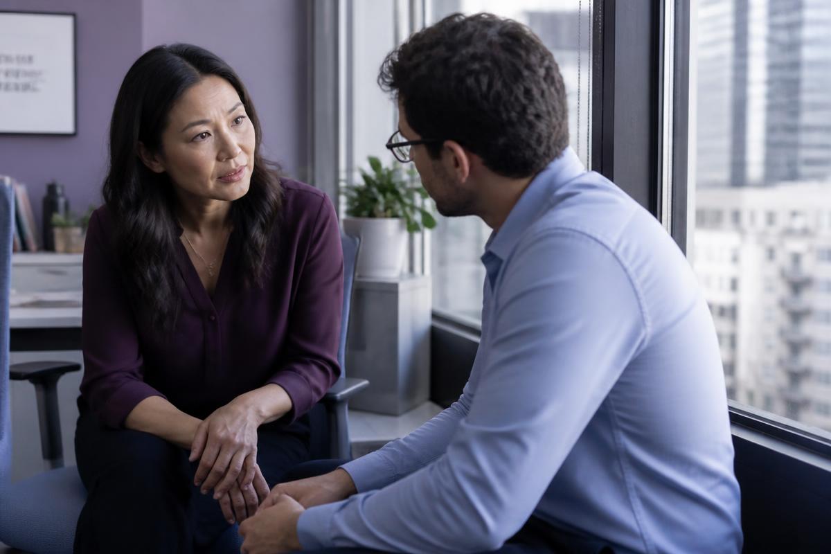 A workplace team meeting in a bright modern office where colleagues feel safe to speak openly
