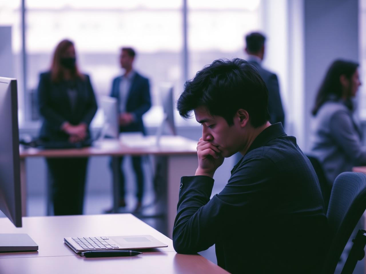 A manager noticing a colleague sitting alone by an office window, looking withdrawn